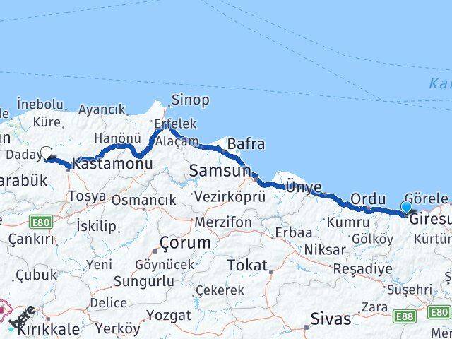Giresun Daday Kastamonu Arası Kaç Km - Yol Haritası