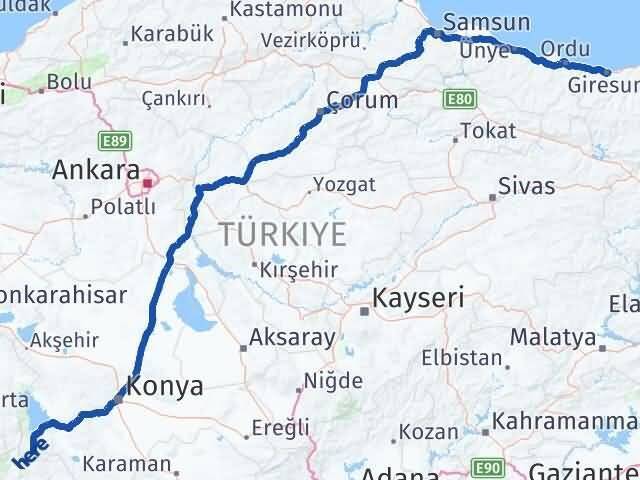 Giresun Derebucak Konya Arası Kaç Km - Yol Haritası