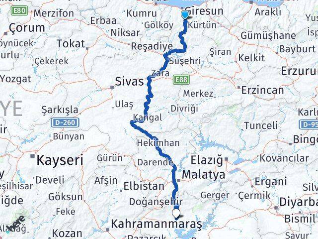 Giresun Dereli Adıyaman Arası Kaç Km - Yol Haritası