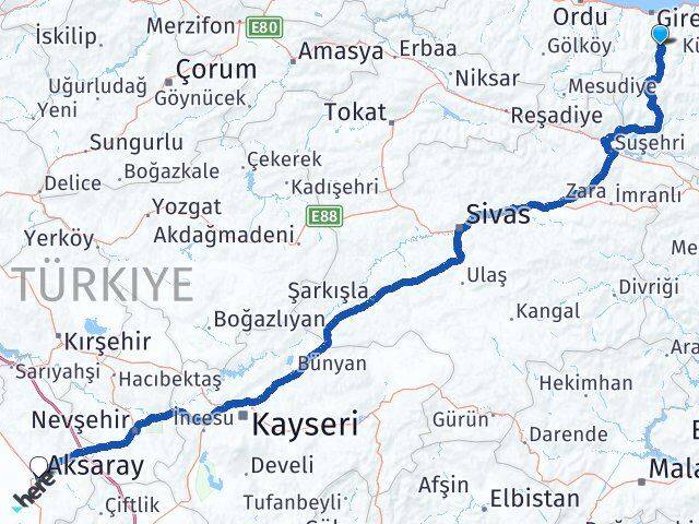 Giresun Dereli Aksaray Arası Kaç Km - Yol Haritası