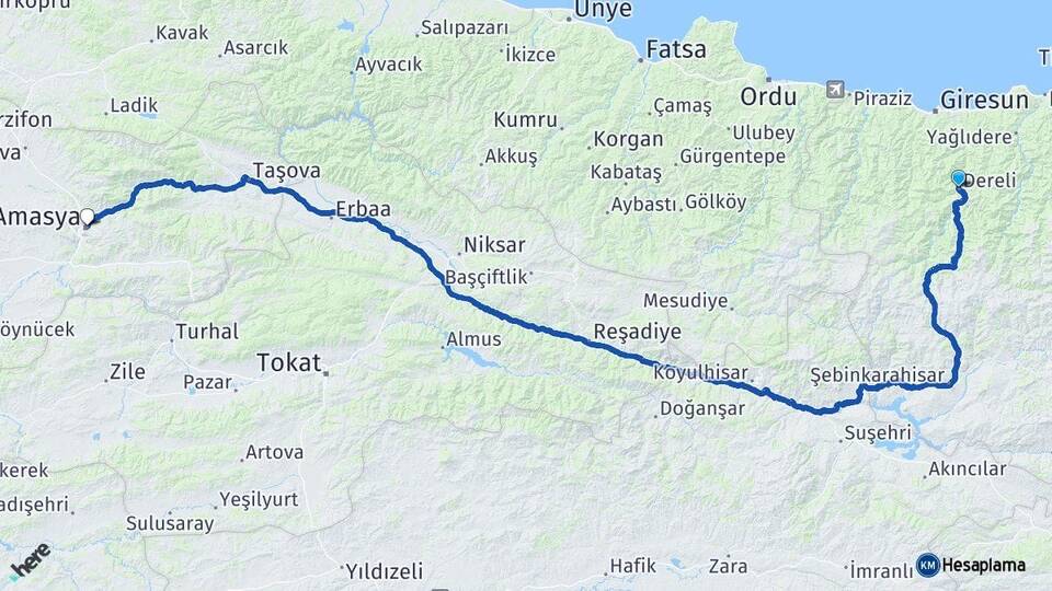 Giresun Dereli Amasya Arası Kaç Km - Yol Haritası
