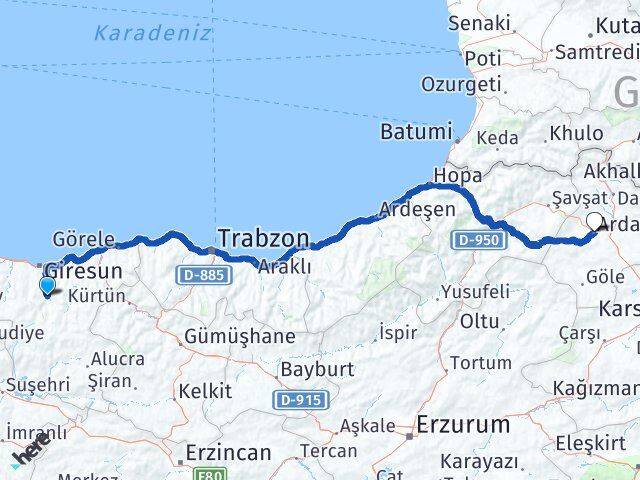 Giresun Dereli Ardahan Arası Kaç Km - Yol Haritası