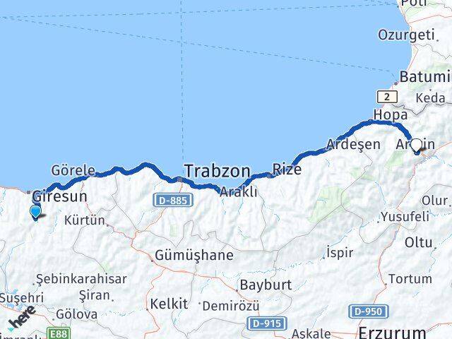 Giresun Dereli Artvin Arası Kaç Km - Yol Haritası