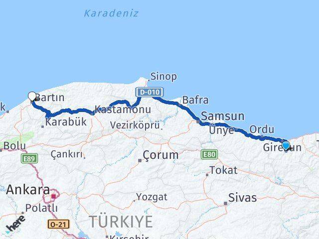 Giresun Dereli Bartın Arası Kaç Km - Yol Haritası