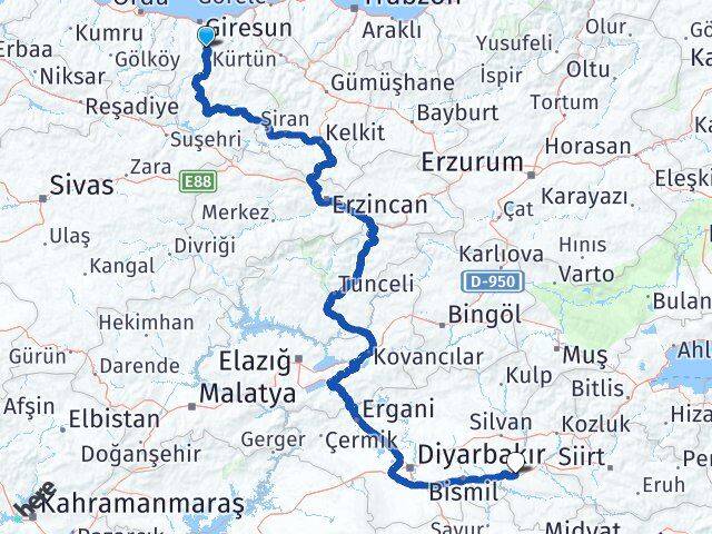 Giresun Dereli Batman Arası Kaç Km - Yol Haritası