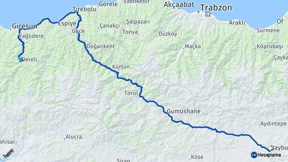 Giresun Dereli Bayburt Arası Kaç Km - Yol Haritası