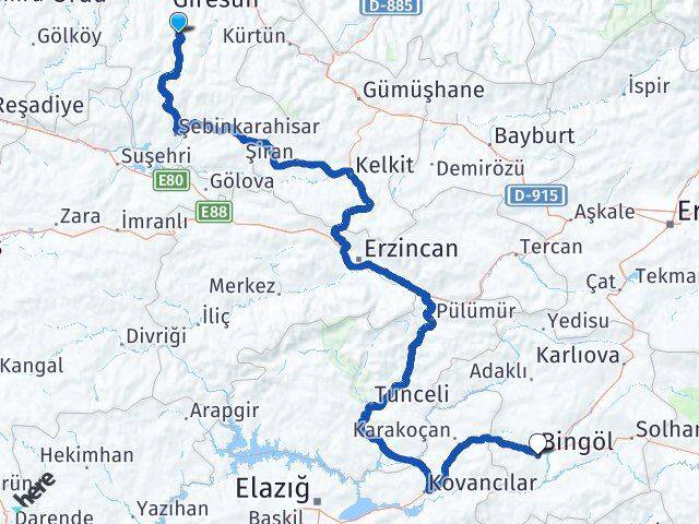 Giresun Dereli Bingöl Arası Kaç Km - Yol Haritası