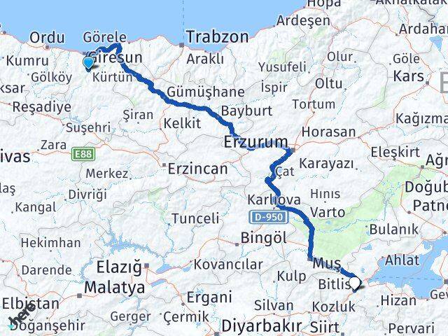 Giresun Dereli Bitlis Arası Kaç Km - Yol Haritası