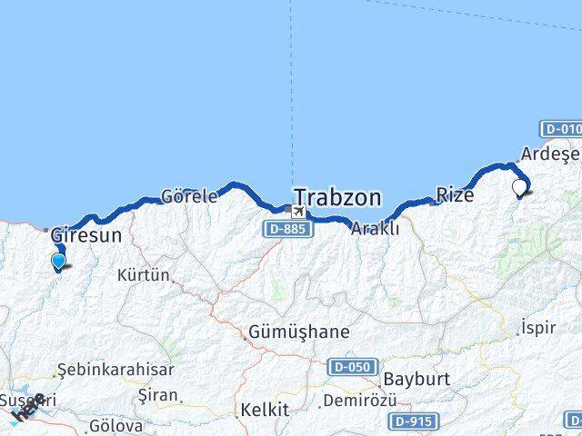 Giresun Dereli Çamlıhemşin Rize Arası Kaç Km - Yol Haritası