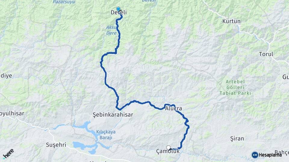 Giresun Dereli Çamoluk Arası Kaç Km - Yol Haritası