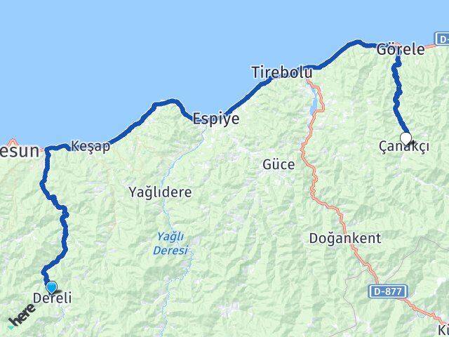 Giresun Dereli Çanakçı Arası Kaç Km - Yol Haritası