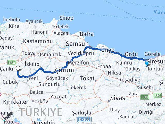 Giresun Dereli Çankırı Arası Kaç Km - Yol Haritası