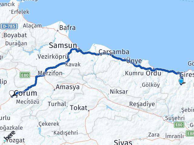 Giresun Dereli Çorum Arası Kaç Km - Yol Haritası
