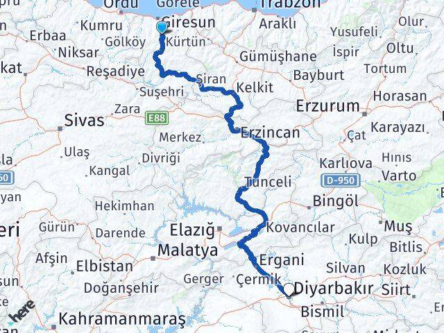 Giresun Dereli Diyarbakır Arası Kaç Km - Yol Haritası