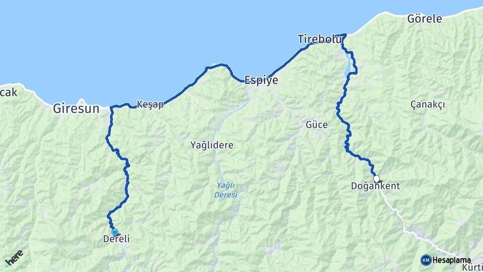 Giresun Dereli Doğankent Arası Kaç Km - Yol Haritası