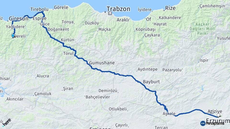 Giresun Dereli Erzurum Arası Kaç Km - Yol Haritası