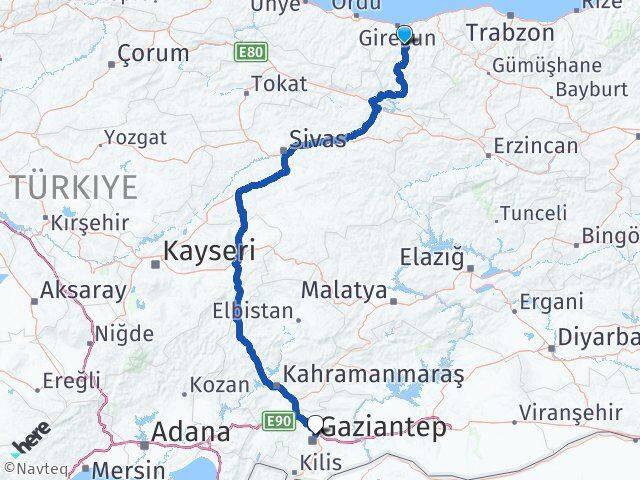 Giresun Dereli Gaziantep Arası Kaç Km - Yol Haritası