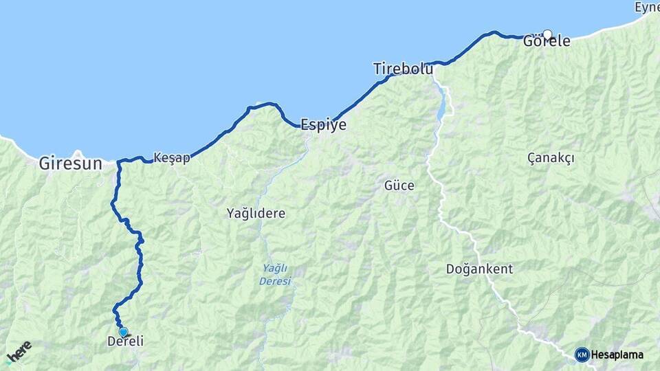 Giresun Dereli Görele Arası Kaç Km - Yol Haritası