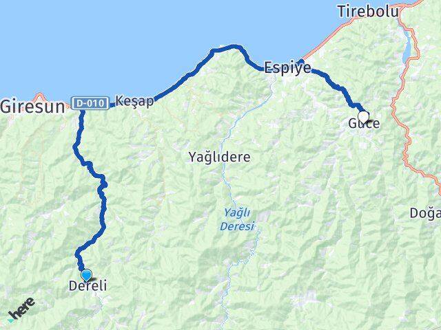 Giresun Dereli Güce Arası Kaç Km - Yol Haritası