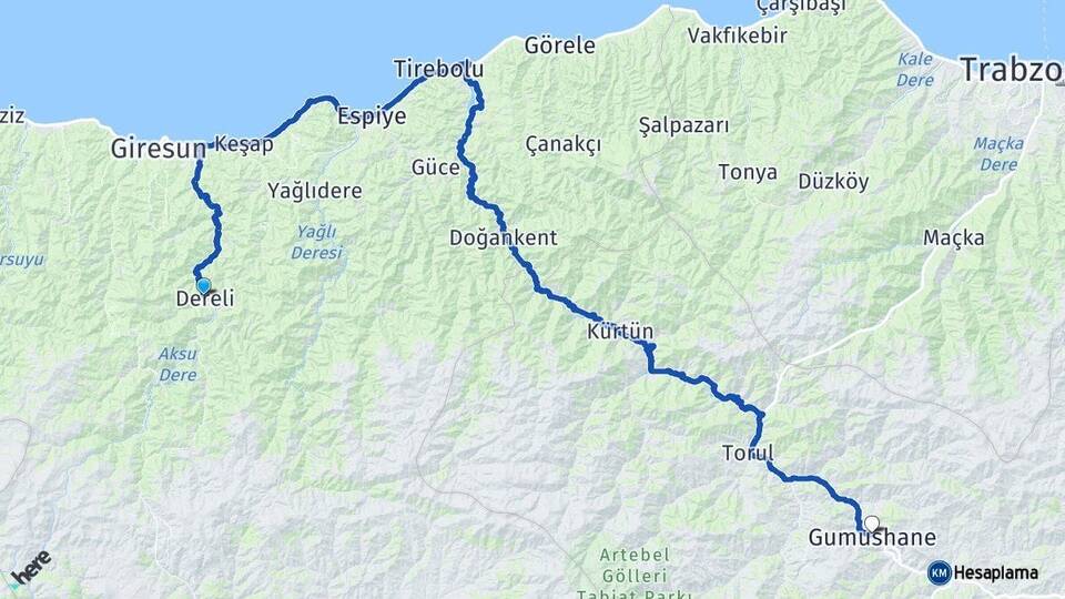 Giresun Dereli Gümüşhane Arası Kaç Km - Yol Haritası