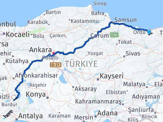 Giresun Dereli Isparta Arası Kaç Km - Yol Haritası