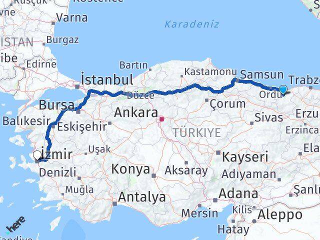 Giresun Dereli İzmir Arası Kaç Km - Yol Haritası