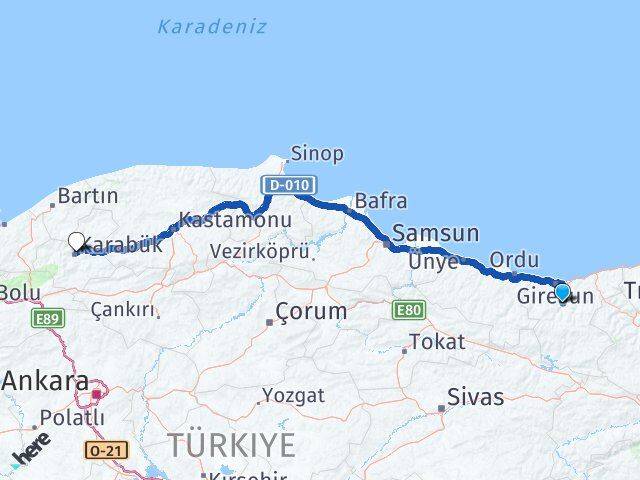 Giresun Dereli Karabük Arası Kaç Km - Yol Haritası