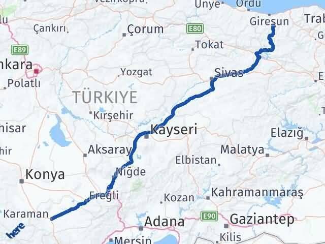 Giresun Dereli Karaman Arası Kaç Km - Yol Haritası