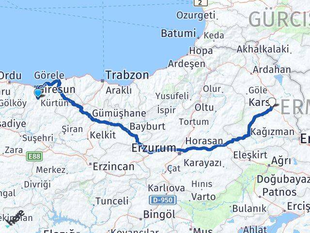 Giresun Dereli Kars Arası Kaç Km - Yol Haritası