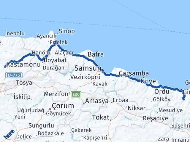 Giresun Dereli Kastamonu Arası Kaç Km - Yol Haritası