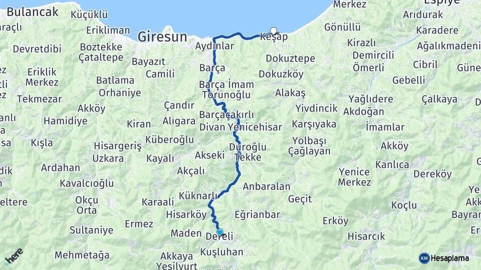 Giresun Dereli Keşap Arası Kaç Km - Yol Haritası
