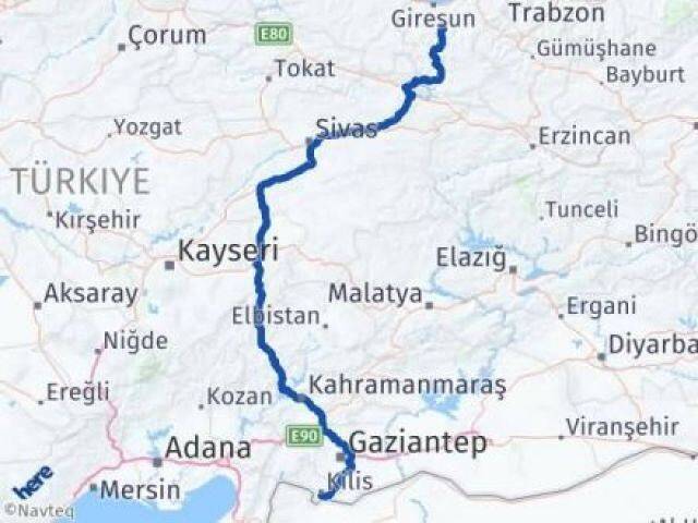 Giresun Dereli Kilis Arası Kaç Km - Yol Haritası
