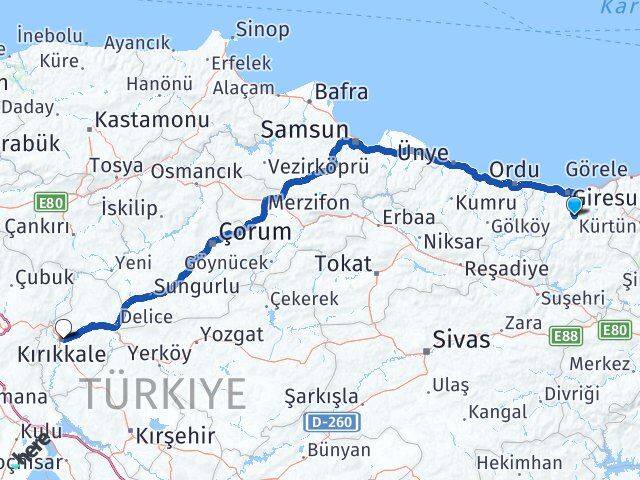 Giresun Dereli Kırıkkale Arası Kaç Km - Yol Haritası