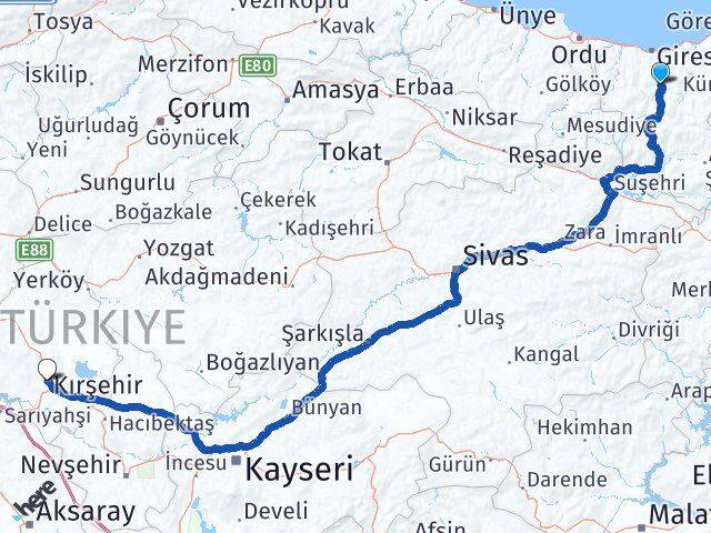 Giresun Dereli Kırşehir Arası Kaç Km - Yol Haritası