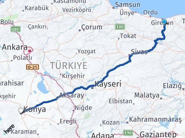 Giresun Dereli Konya Arası Kaç Km - Yol Haritası