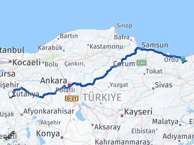 Giresun Dereli Kütahya Arası Kaç Km - Yol Haritası