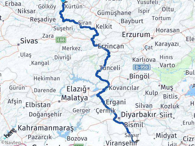 Giresun Dereli Mardin Arası Kaç Km - Yol Haritası