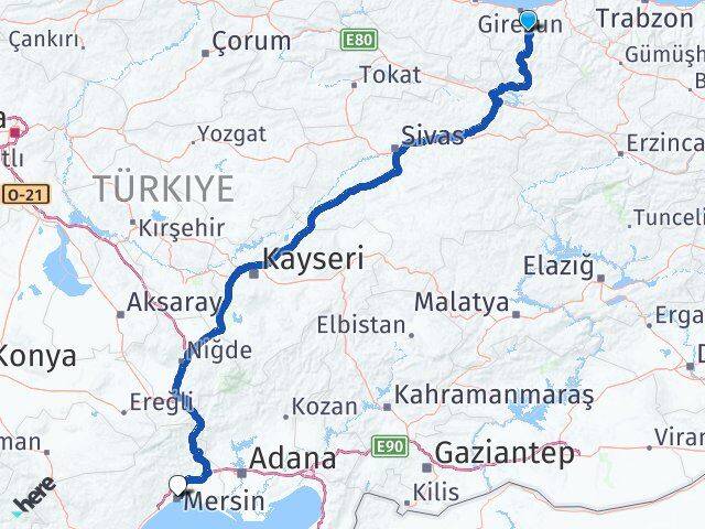 Giresun Dereli Mersin Arası Kaç Km - Yol Haritası