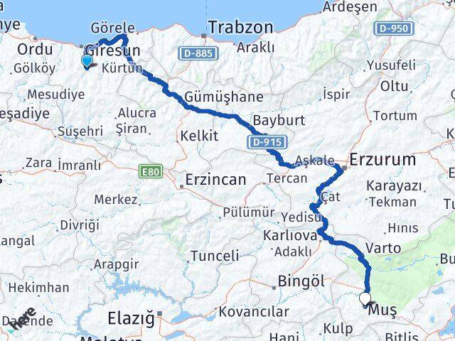 Giresun Dereli Muş Arası Kaç Km - Yol Haritası