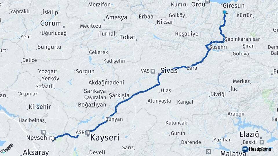 Giresun Dereli Nevşehir Arası Kaç Km - Yol Haritası