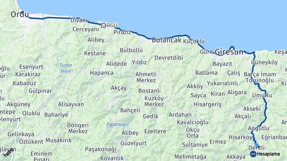 Giresun Dereli Ordu Arası Kaç Km - Yol Haritası