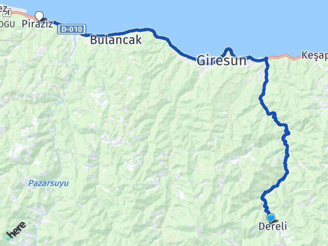 Giresun Dereli Piraziz Arası Kaç Km - Yol Haritası