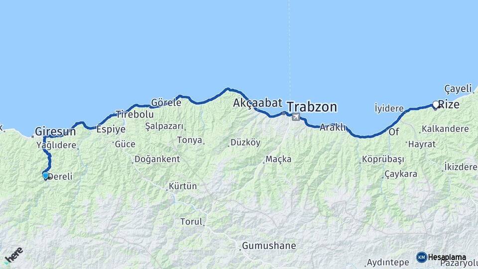 Giresun Dereli Rize Arası Kaç Km - Yol Haritası