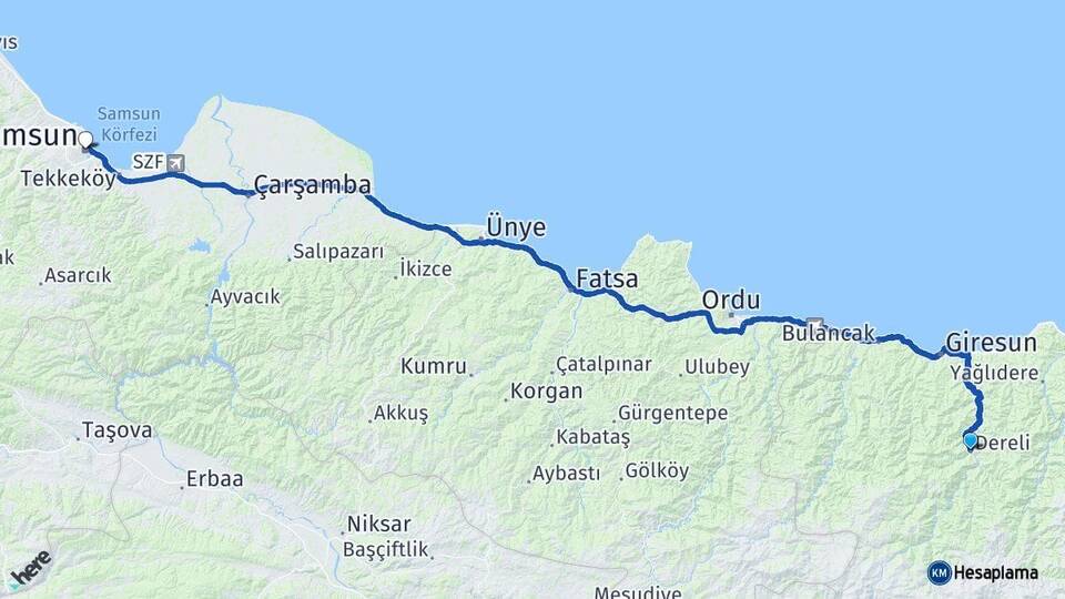 Giresun Dereli Samsun Arası Kaç Km - Yol Haritası