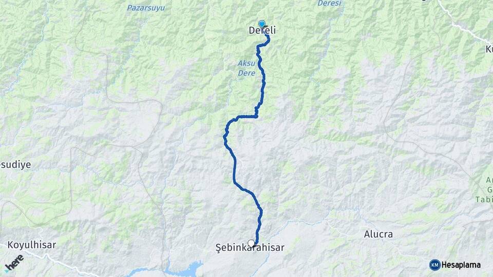 Giresun Dereli Şebinkarahisar Arası Kaç Km - Yol Haritası