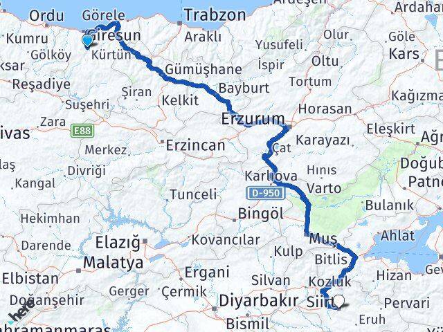 Giresun Dereli Siirt Arası Kaç Km - Yol Haritası