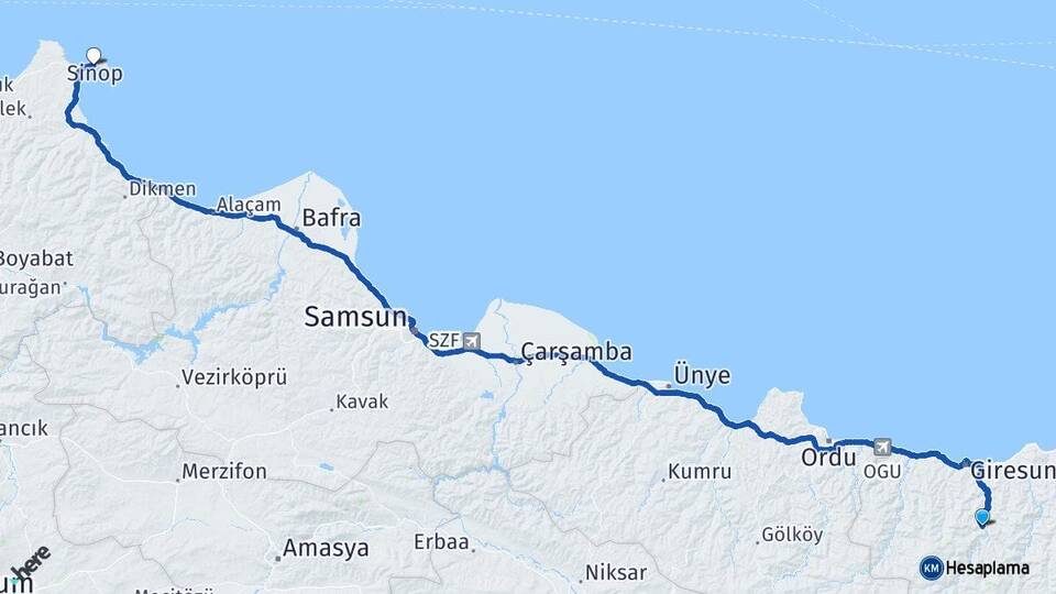 Giresun Dereli Sinop Arası Kaç Km - Yol Haritası