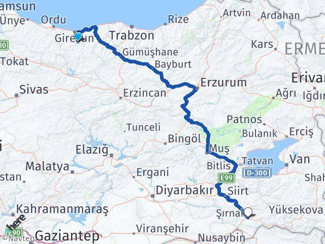 Giresun Dereli Şırnak Arası Kaç Km - Yol Haritası