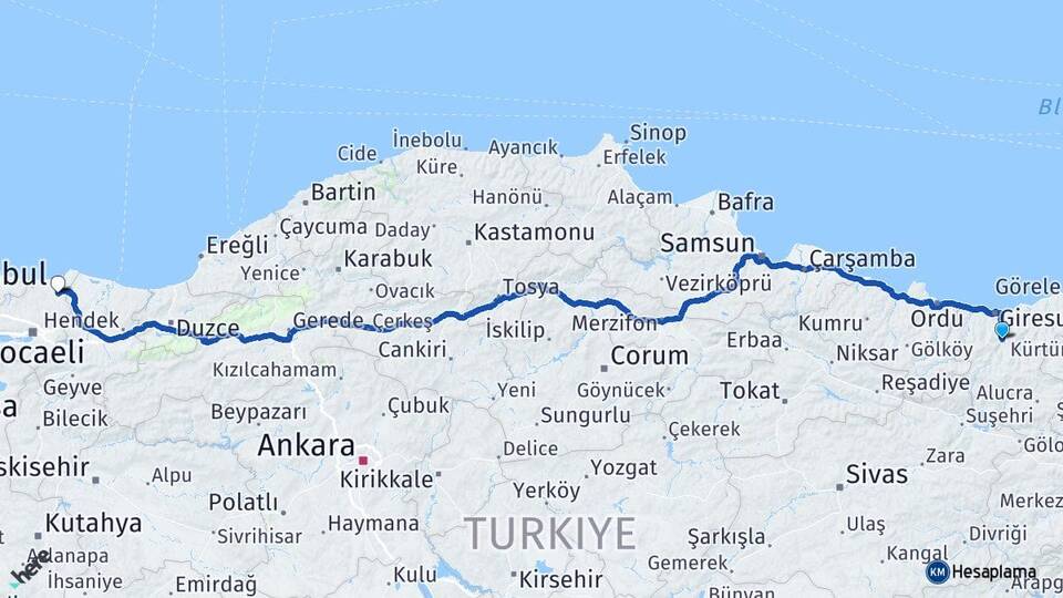Giresun Dereli Süllü Kandıra Kocaeli Arası Kaç Km - Yol Haritası
