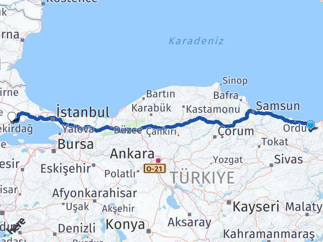 Giresun Dereli Tekirdağ Arası Kaç Km - Yol Haritası